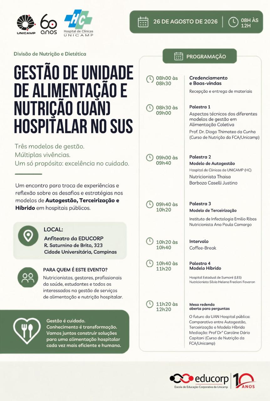 Flyer do evento "Gestão de Unidade de Alimentação e Nutrição (UAN) Hospitalar no SUS"
