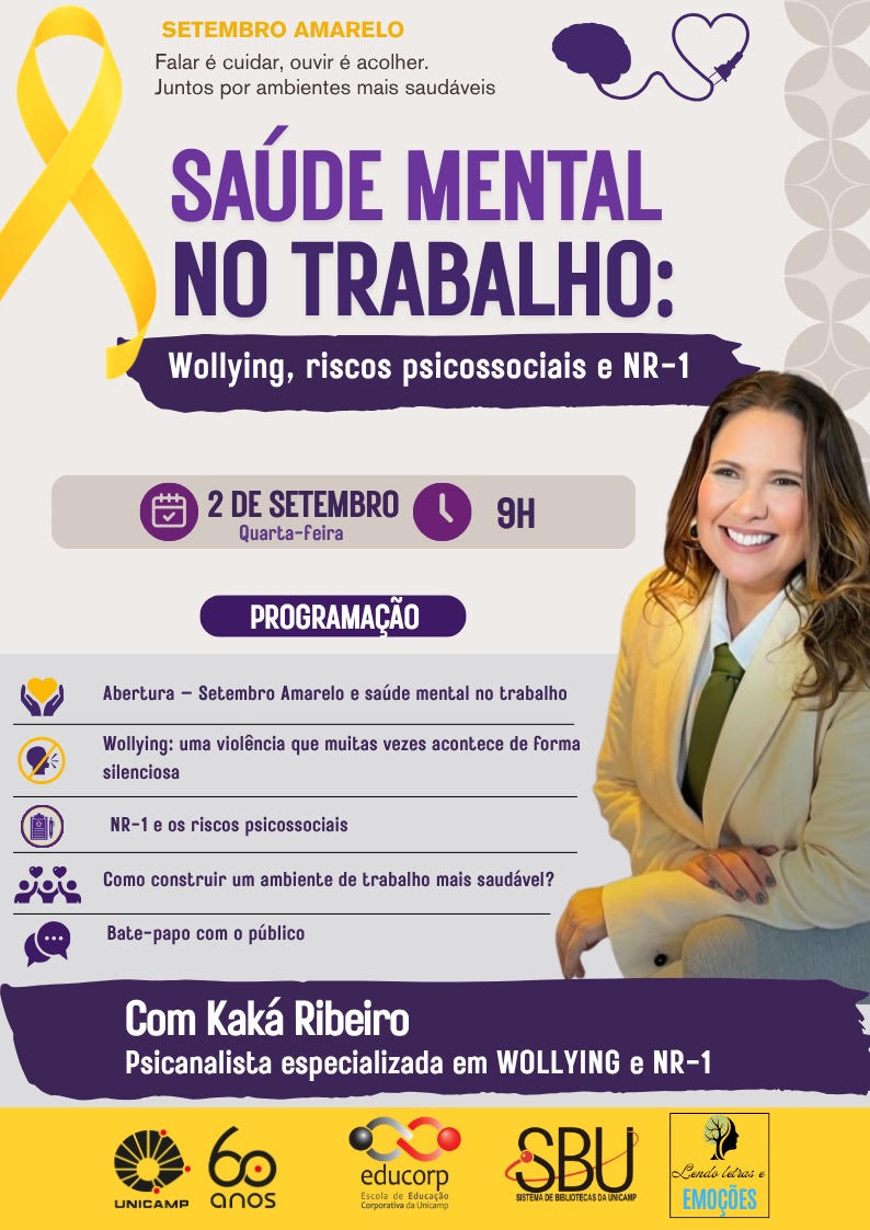 SBU e Educorp promovem palestra sobre saúde mental no trabalho em 2 de setembro. A atividade integra o projeto “Lendo Letras e Emoções” e discutirá wollying, riscos psicossociais, NR-1 e relações profissionais saudáveis.